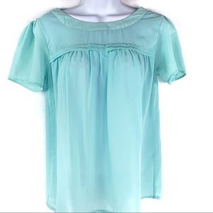 Japna Short Sleeve Seafoam Blue Shirt size small Chiffon Keyhole Back Tie